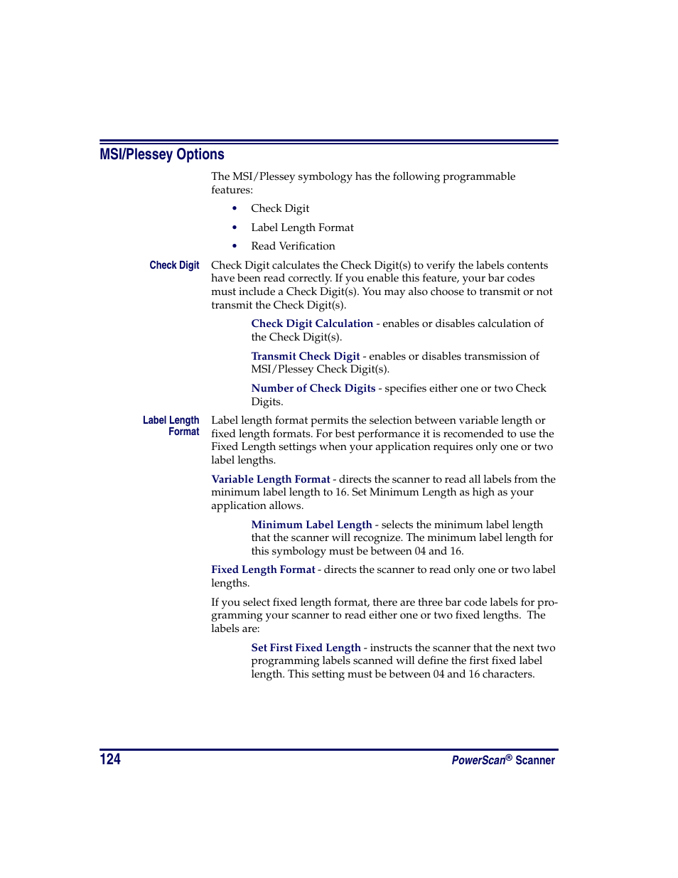 Msi/plessey options | Oregon PowerScan Handheld Laser Scanner User Manual | Page 130 / 156