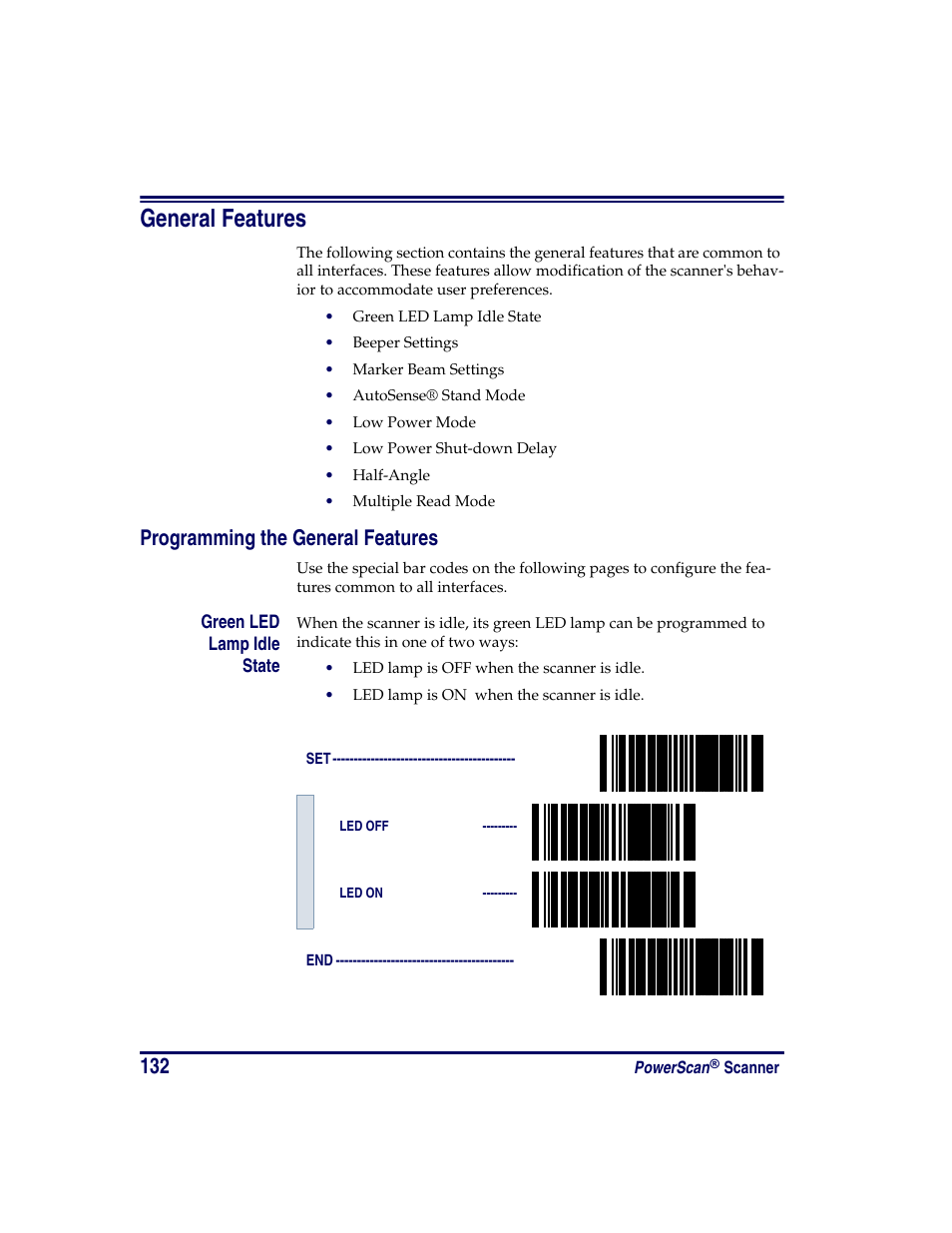 General features, Programming the general features, Green led lamp idle state | Oregon PowerScan Handheld Laser Scanner User Manual | Page 138 / 156
