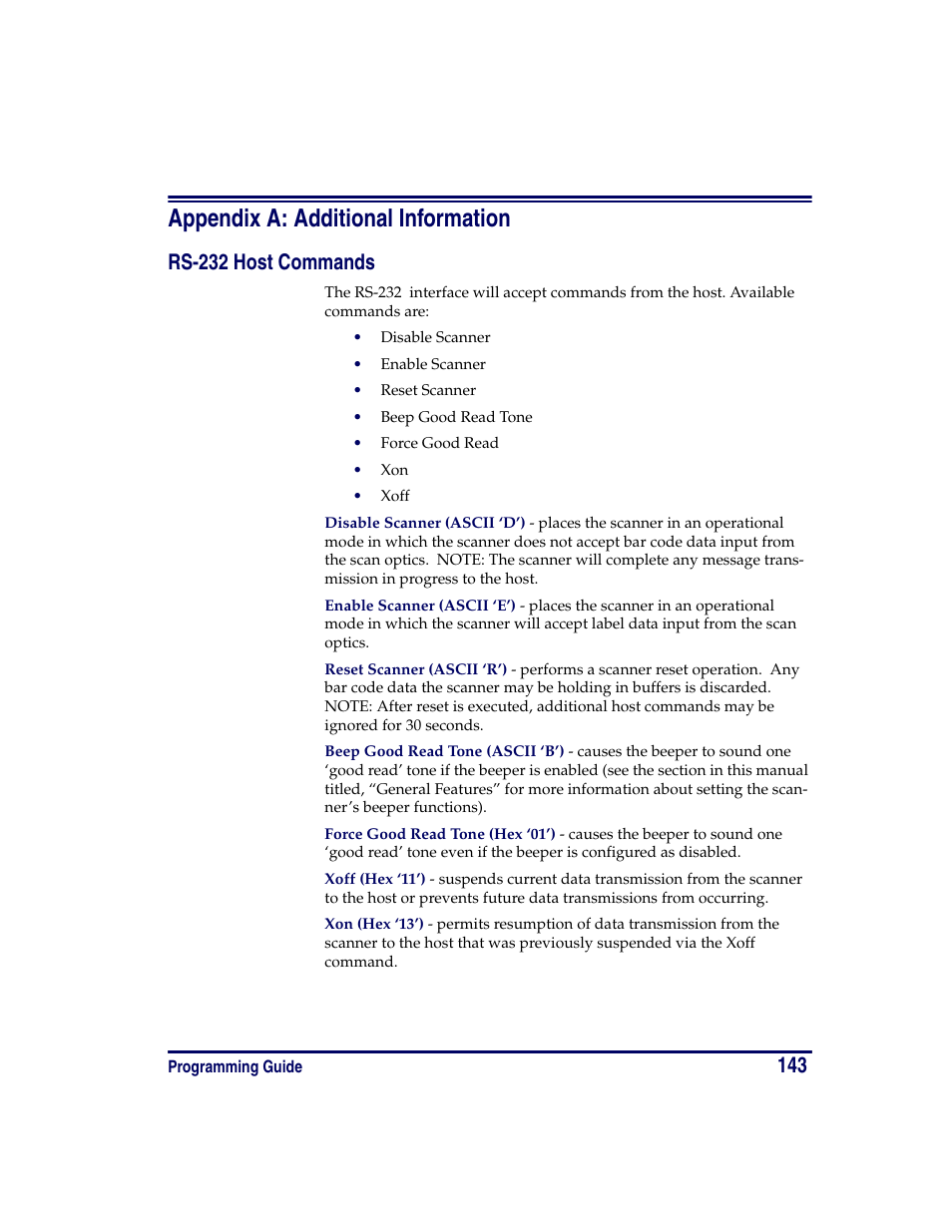 Appendix a: additional information, Rs-232 host commands, E available. refer to | Appendix a: additional, Information | Oregon PowerScan Handheld Laser Scanner User Manual | Page 149 / 156