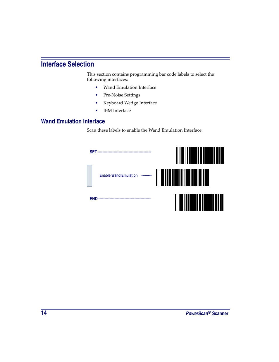Interface selection, Wand emulation interface | Oregon PowerScan Handheld Laser Scanner User Manual | Page 20 / 156