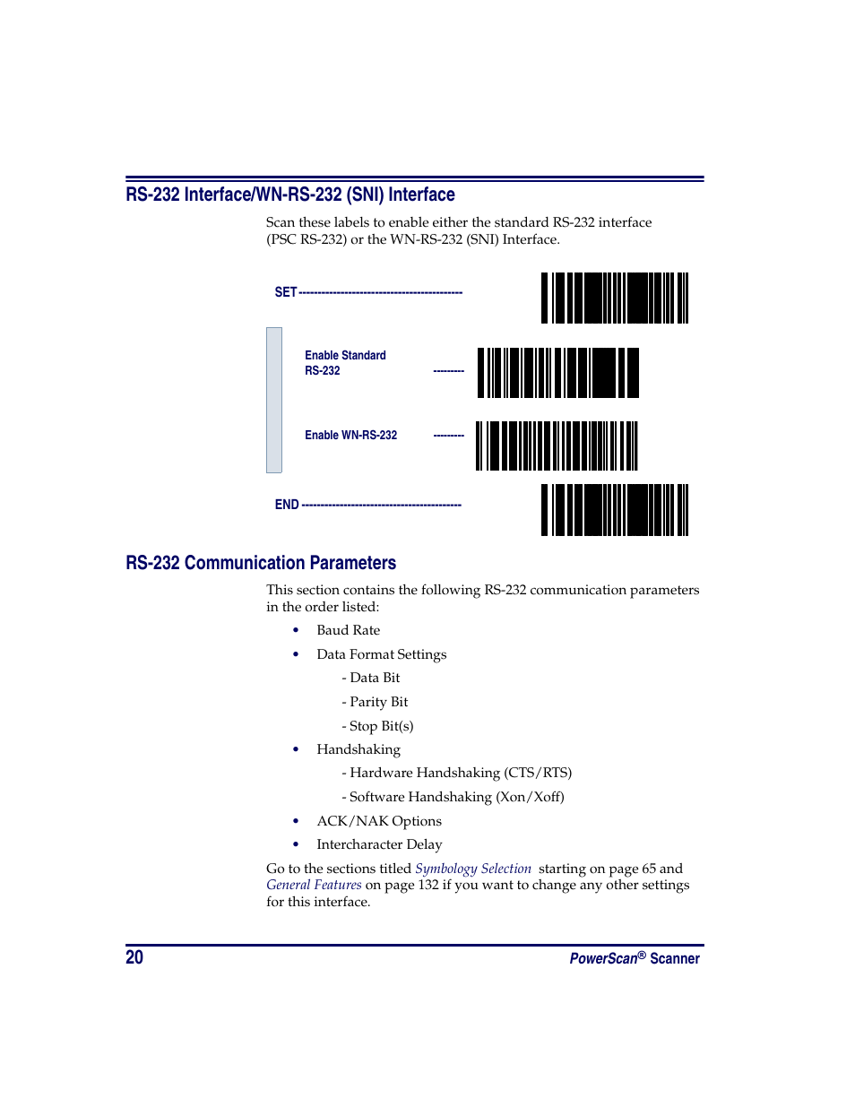 Rs-232 interface/wn-rs-232 (sni) interface, Rs-232 communication parameters | Oregon PowerScan Handheld Laser Scanner User Manual | Page 26 / 156