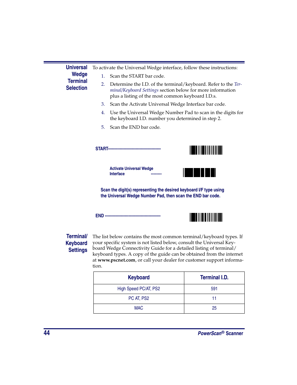 Universal wedge terminal selection, Terminal/ keyboard settings | Oregon PowerScan Handheld Laser Scanner User Manual | Page 50 / 156