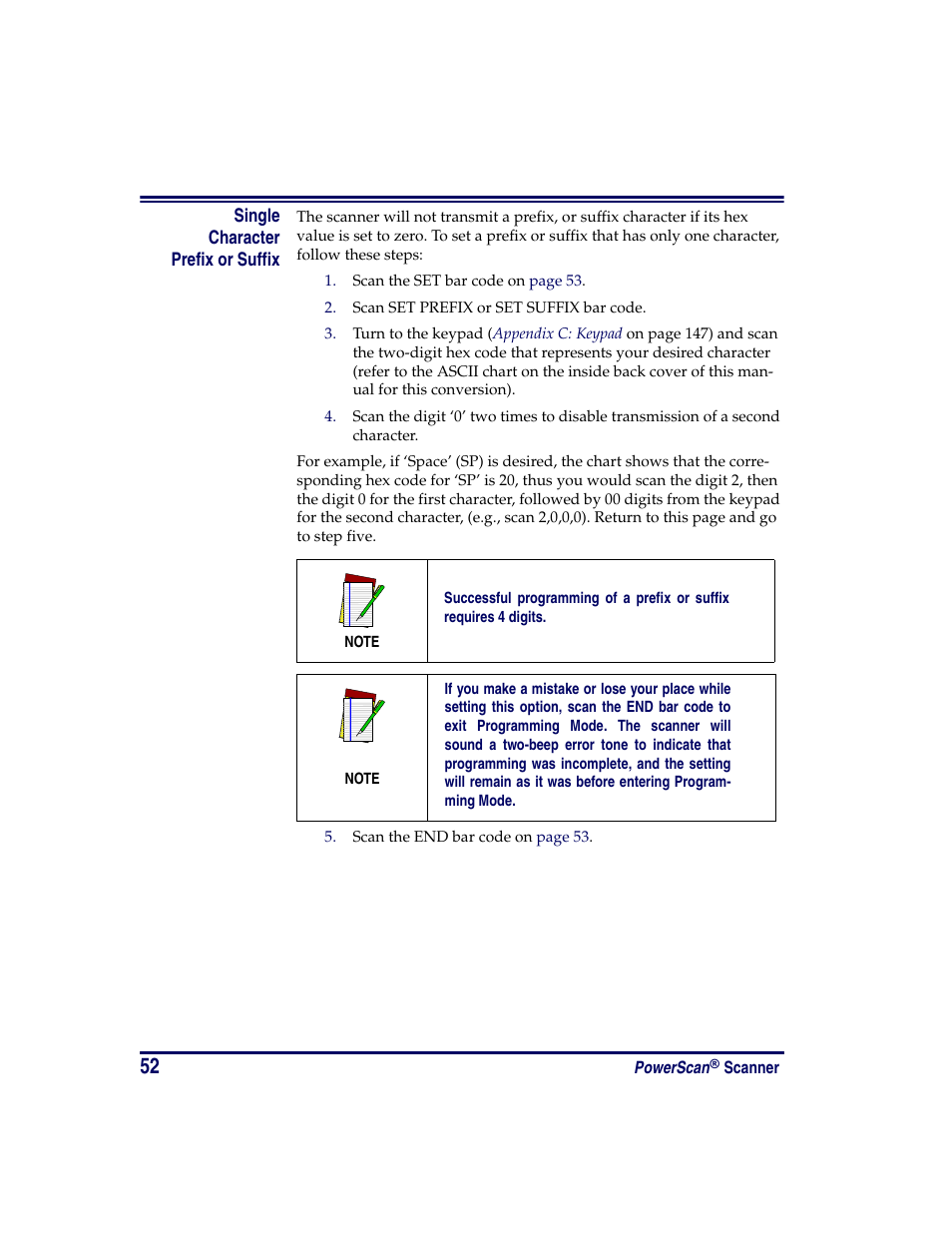 Single character prefix or suffix | Oregon PowerScan Handheld Laser Scanner User Manual | Page 58 / 156
