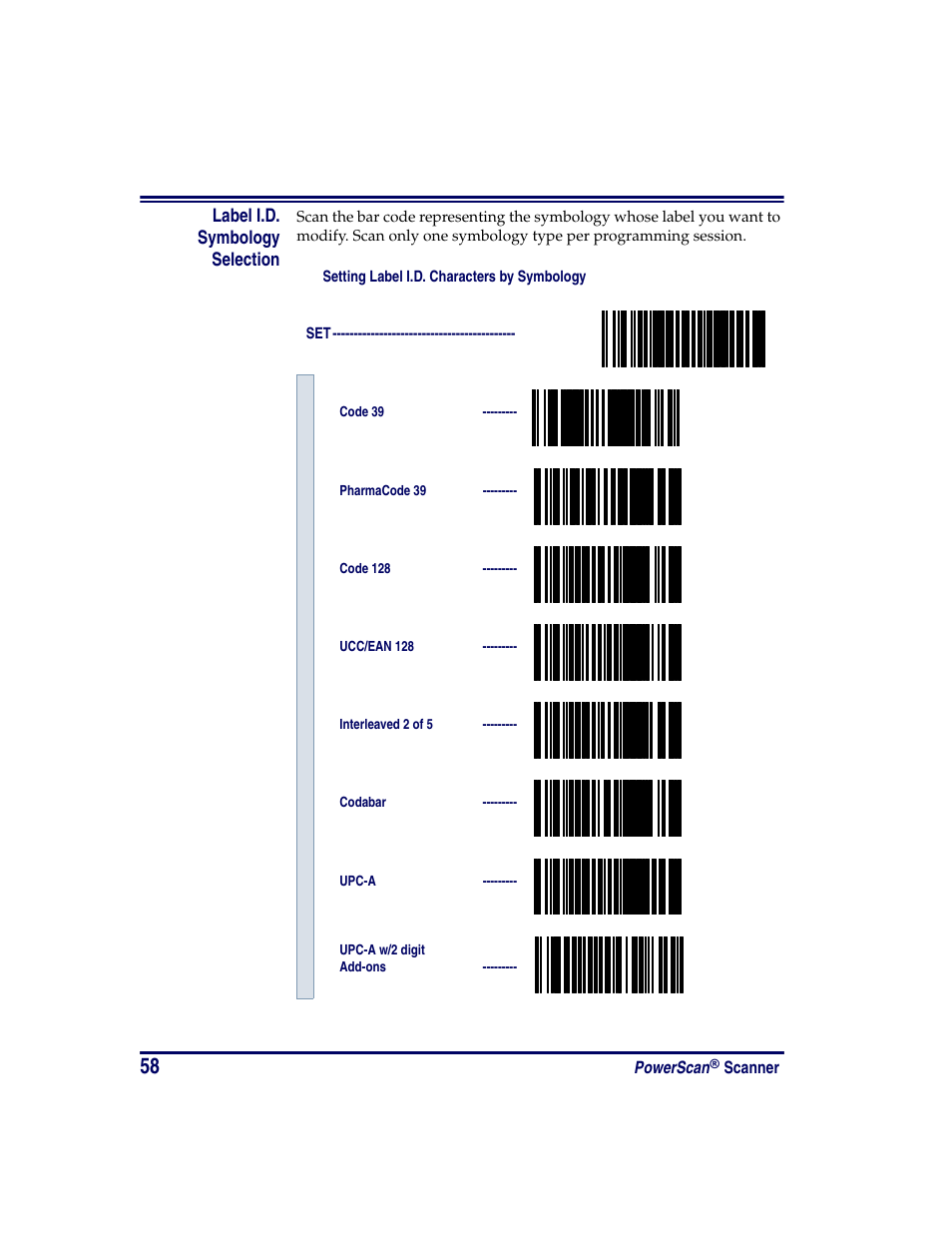 Label i.d. symbology selection, Scan the set bar code on, Scan the bar code starting on | Oregon PowerScan Handheld Laser Scanner User Manual | Page 64 / 156