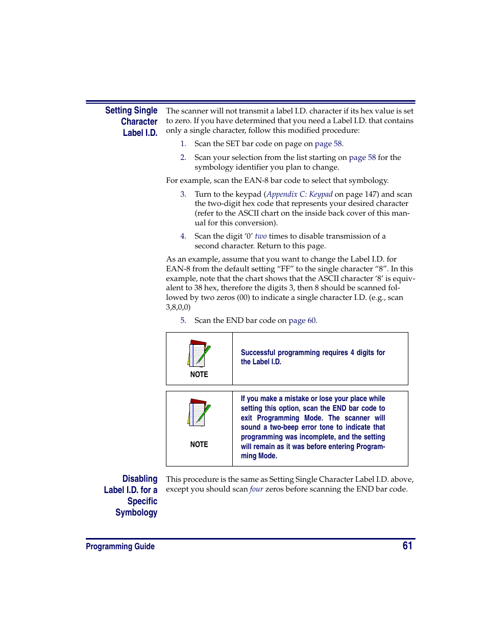 Setting single character label i.d, Disabling label i.d. for a specific symbology | Oregon PowerScan Handheld Laser Scanner User Manual | Page 67 / 156