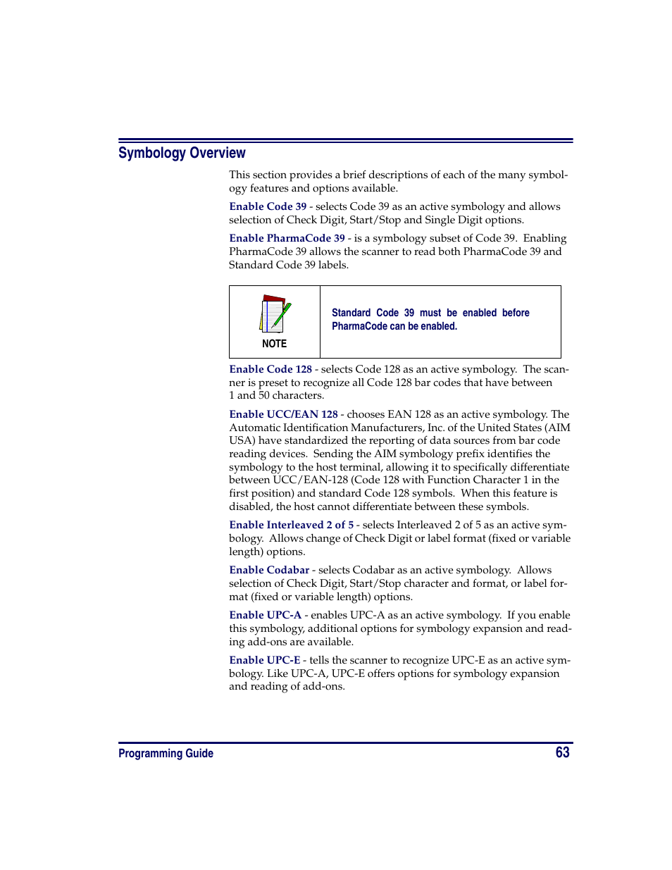 Symbology overview, 63 symbology overview | Oregon PowerScan Handheld Laser Scanner User Manual | Page 69 / 156