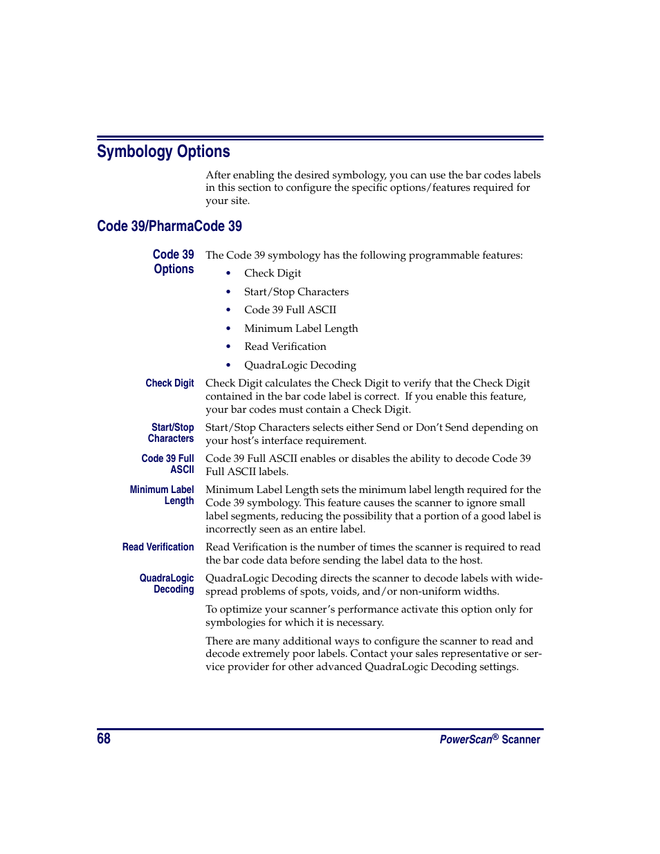 Symbology options, Code 39/pharmacode 39, Code 39 options | Oregon PowerScan Handheld Laser Scanner User Manual | Page 74 / 156