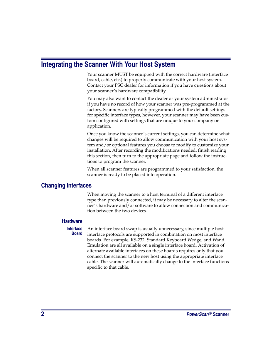Integrating the scanner with your host system, Changing interfaces, Hardware | Oregon PowerScan Handheld Laser Scanner User Manual | Page 8 / 156