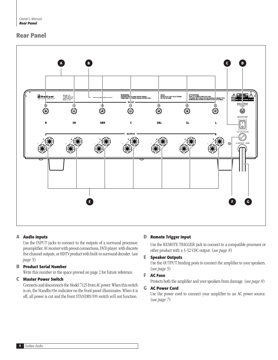 Rear panel | Outlaw Audio SEVEN-CHANNEL POWER AMPLIFIER VERSION 1.0 7125 User Manual | Page 4 / 12