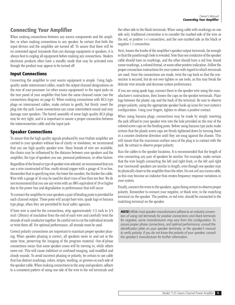 Connecting your amplifier | Outlaw Audio SEVEN-CHANNEL POWER AMPLIFIER VERSION 1.0 7125 User Manual | Page 5 / 12