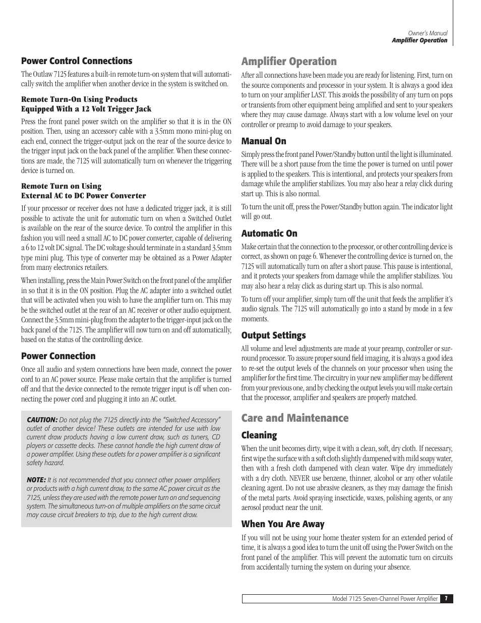 Amplifier operation, Care and maintenance | Outlaw Audio SEVEN-CHANNEL POWER AMPLIFIER VERSION 1.0 7125 User Manual | Page 7 / 12