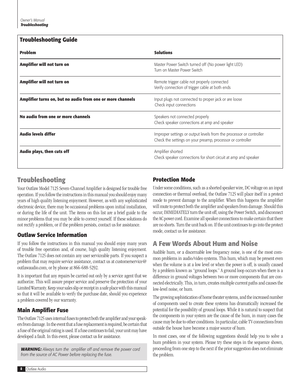 Troubleshooting, A few words about hum and noise | Outlaw Audio SEVEN-CHANNEL POWER AMPLIFIER VERSION 1.0 7125 User Manual | Page 8 / 12