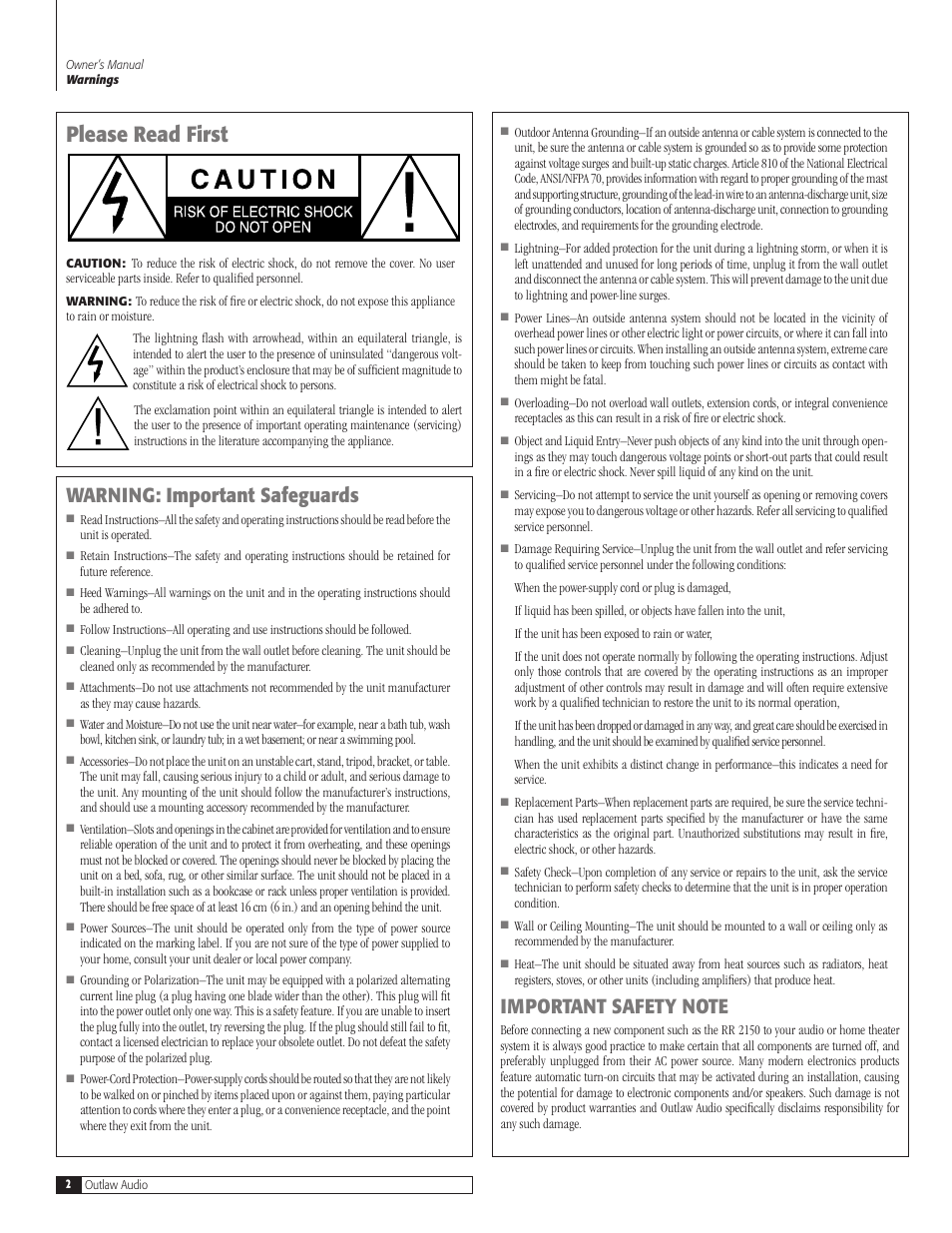 Please read first, Warning: important safeguards | Outlaw Audio RR 2150 User Manual | Page 2 / 28