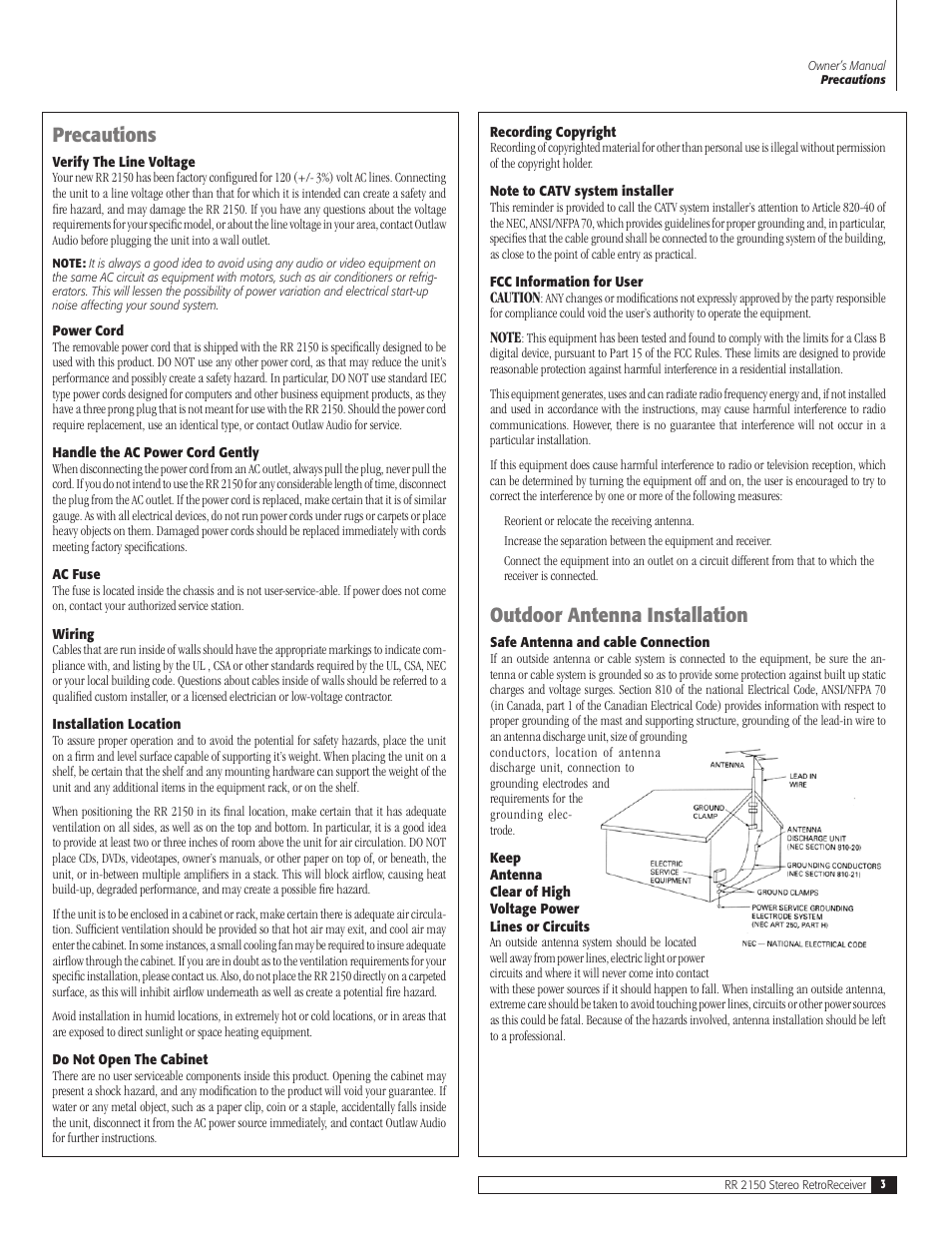 Precautions, Outdoor antenna installation | Outlaw Audio RR 2150 User Manual | Page 3 / 28