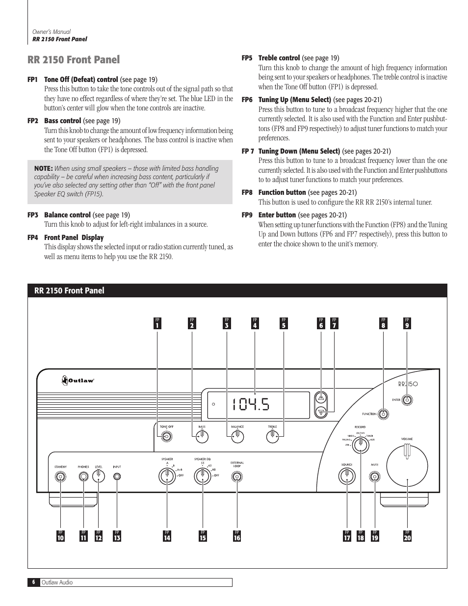 Rr 150 front panel, Rr 2150 front panel | Outlaw Audio RR 2150 User Manual | Page 6 / 28