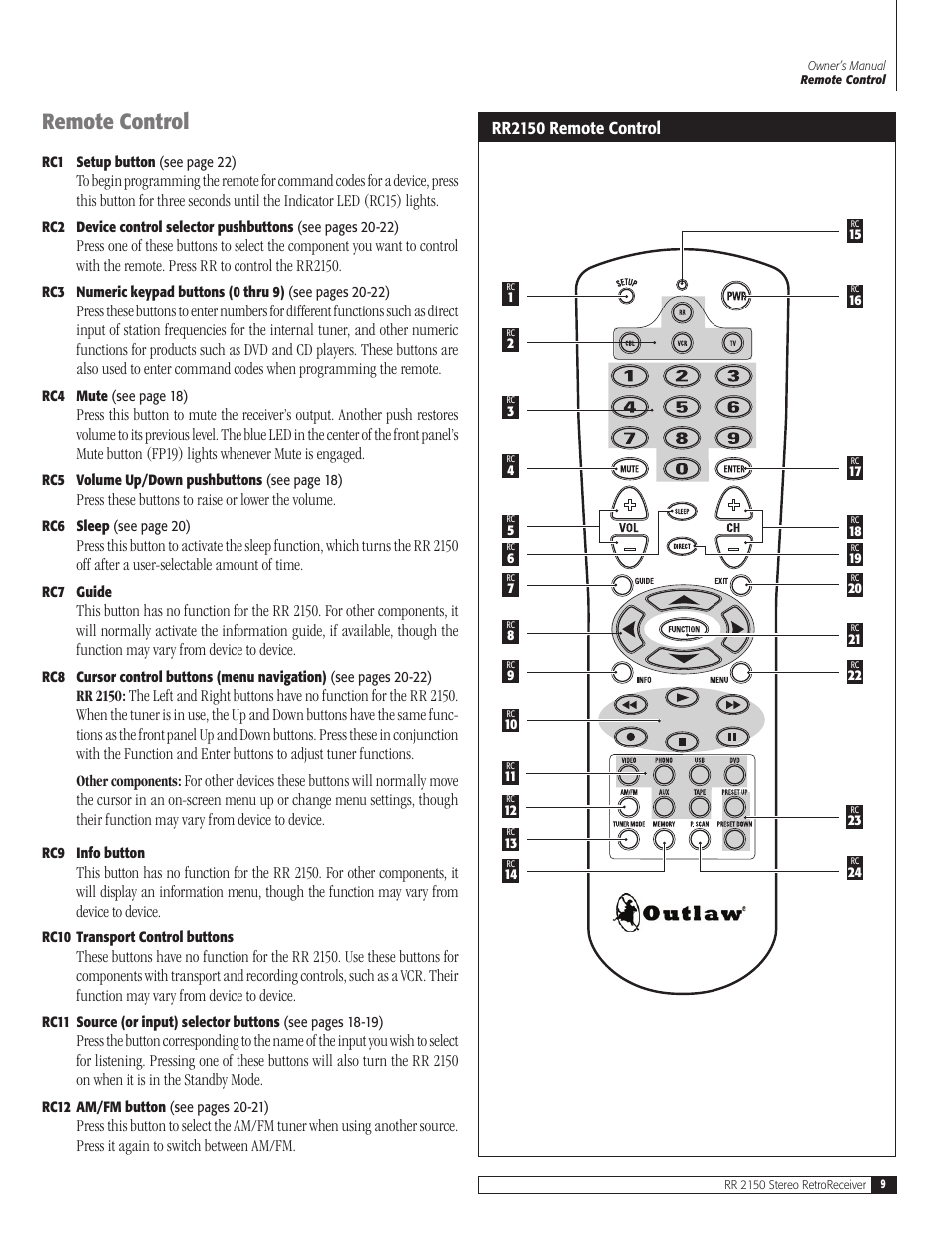 Remote control, Press these buttons to raise or lower the volume, Rr2150 remote control | Outlaw Audio RR 2150 User Manual | Page 9 / 28