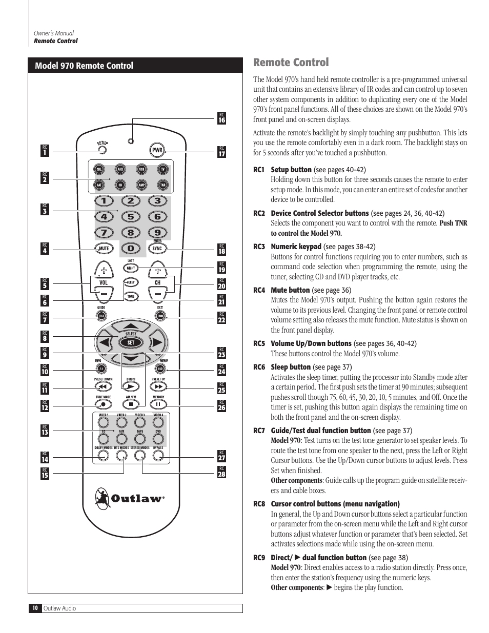 Remote control, These buttons control the model 970’s volume, Begins the play function. model 970 remote control | Outlaw Audio 970 User Manual | Page 10 / 48