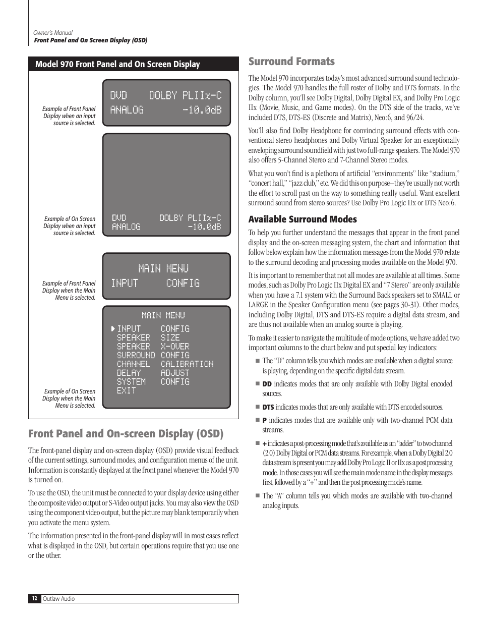 Front panel and on-screen display (osd), Surround formats, Available surround modes | Outlaw Audio 970 User Manual | Page 12 / 48