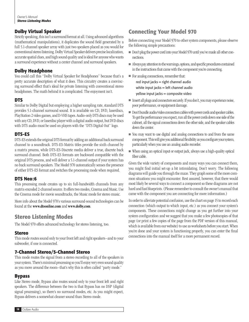 Stereo listening modes, Connecting your model 970 | Outlaw Audio 970 User Manual | Page 14 / 48