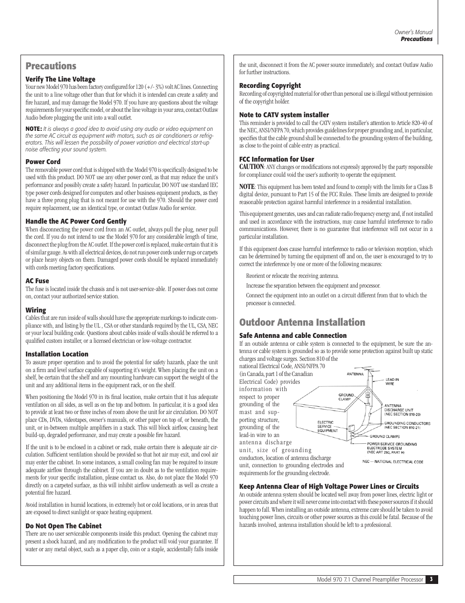 Precautions, Outdoor antenna installation | Outlaw Audio 970 User Manual | Page 3 / 48