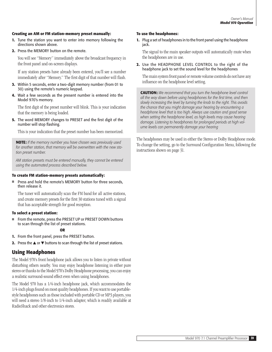 Using headphones | Outlaw Audio 970 User Manual | Page 39 / 48