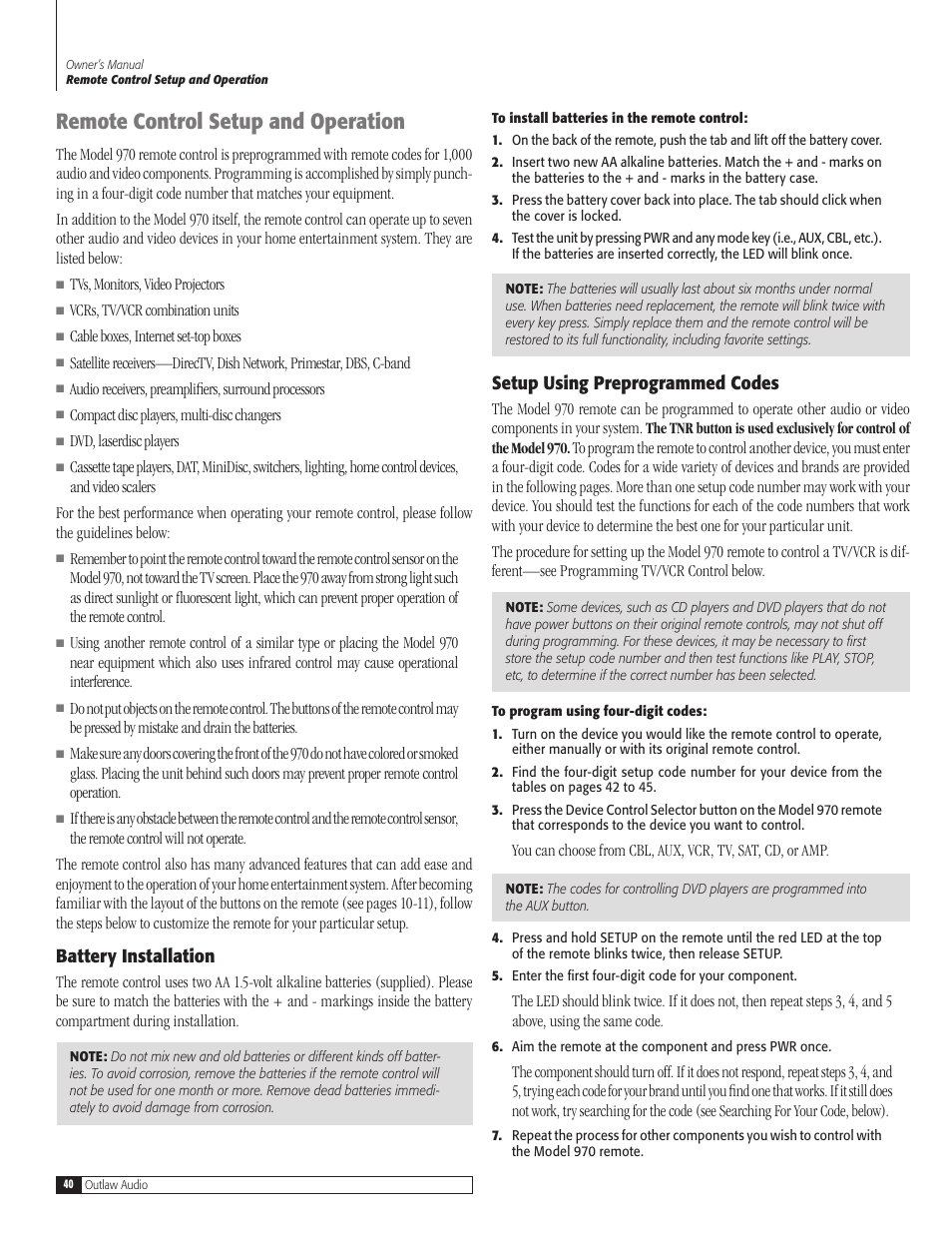 Remote control setup and operation, Battery installation, Setup using preprogrammed codes | Outlaw Audio 970 User Manual | Page 40 / 48