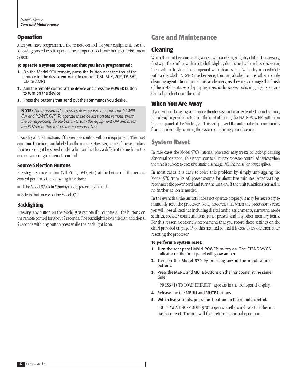 Care and maintenance, System reset | Outlaw Audio 970 User Manual | Page 42 / 48