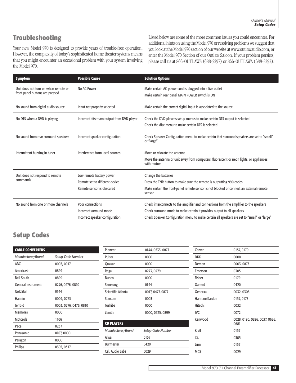 Troubieshooting, Setup codes | Outlaw Audio 970 User Manual | Page 43 / 48