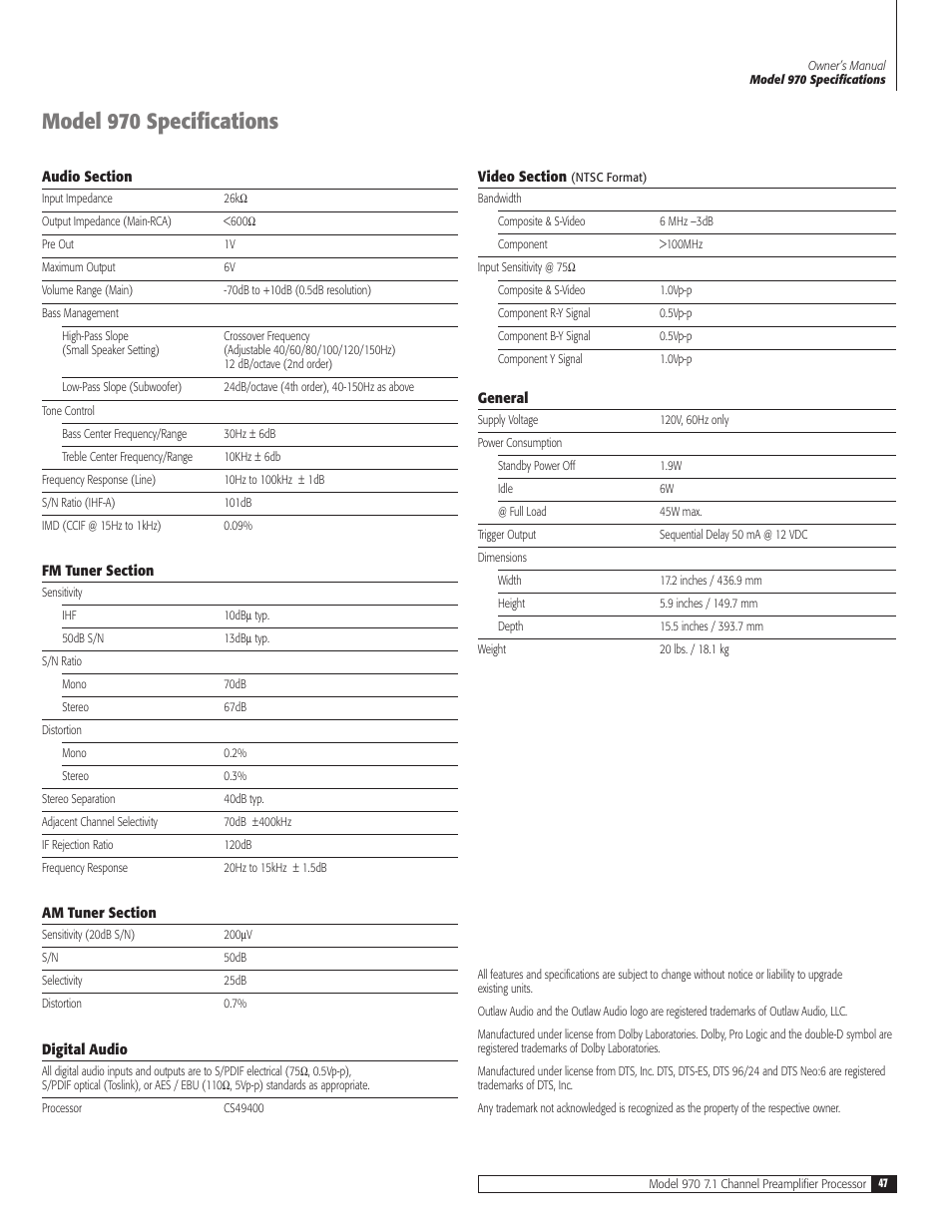 Model 970 specifications | Outlaw Audio 970 User Manual | Page 47 / 48