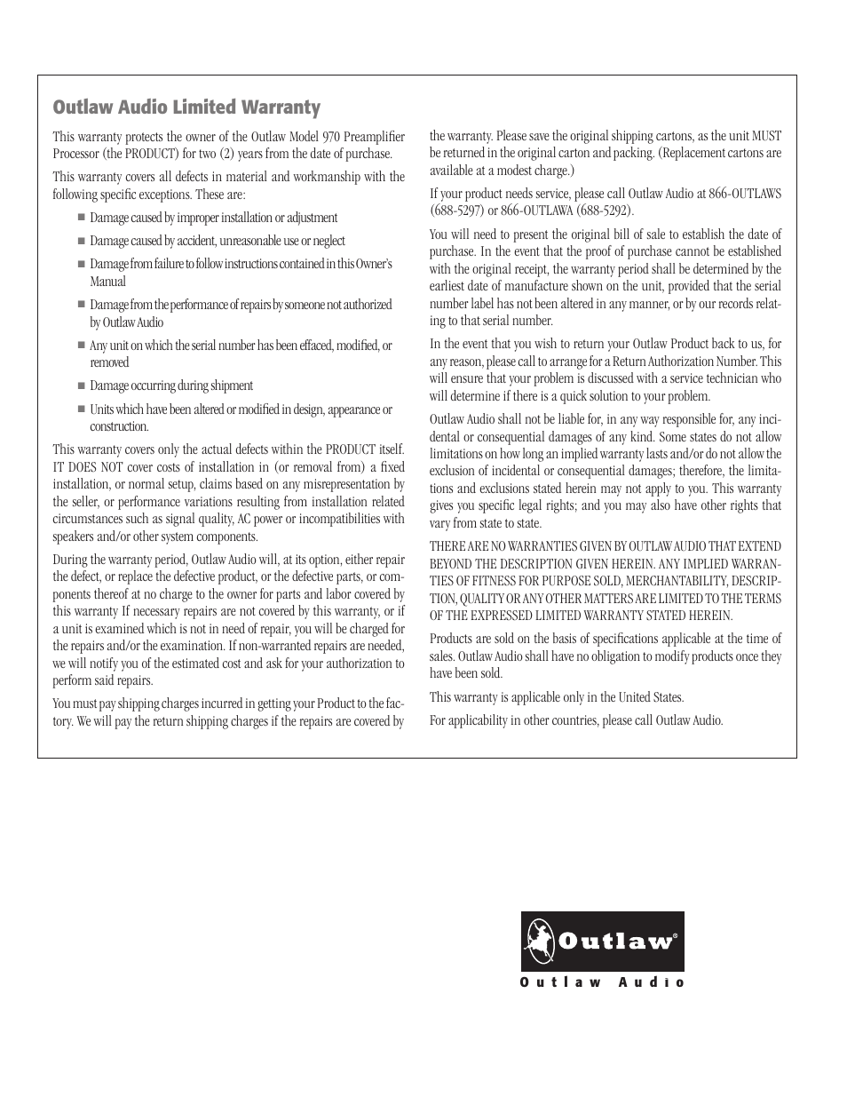 Outlaw audio limited warranty | Outlaw Audio 970 User Manual | Page 48 / 48