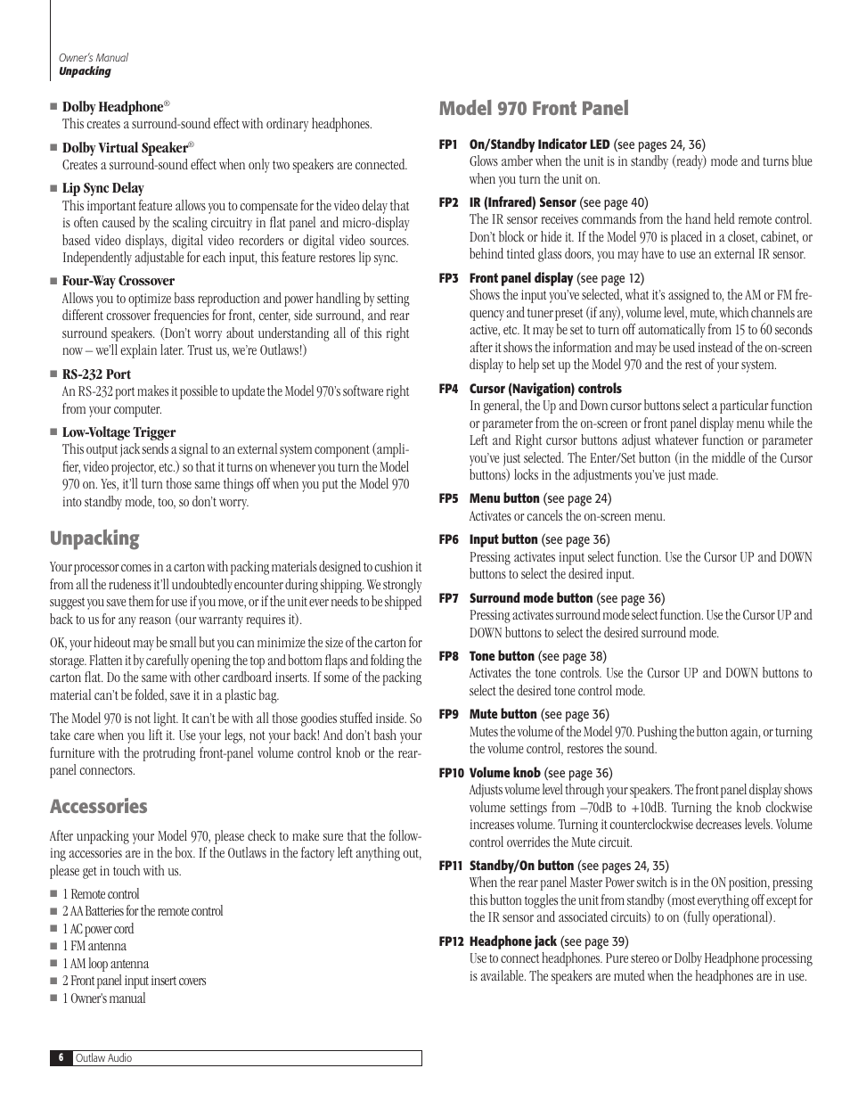 Unpacking, Accessories, Model 970 front panel | Outlaw Audio 970 User Manual | Page 6 / 48