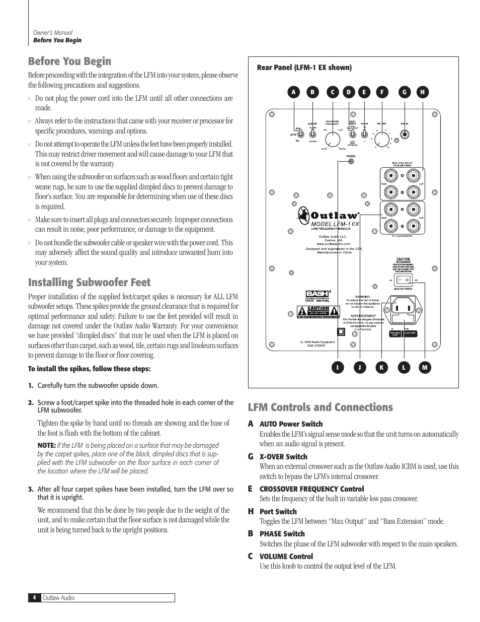 Before you begin, Installing subwoofer feet, Lfm controls and connections | Outlaw Audio LFM-1Plus User Manual | Page 4 / 12