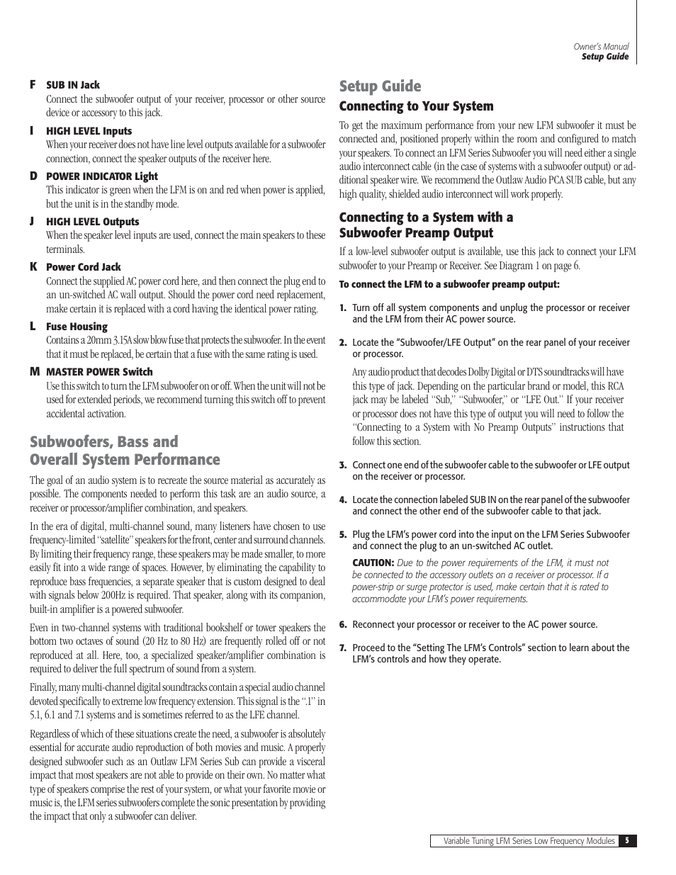Setup guide, Subwoofers, bass and overall system performance | Outlaw Audio LFM-1Plus User Manual | Page 5 / 12