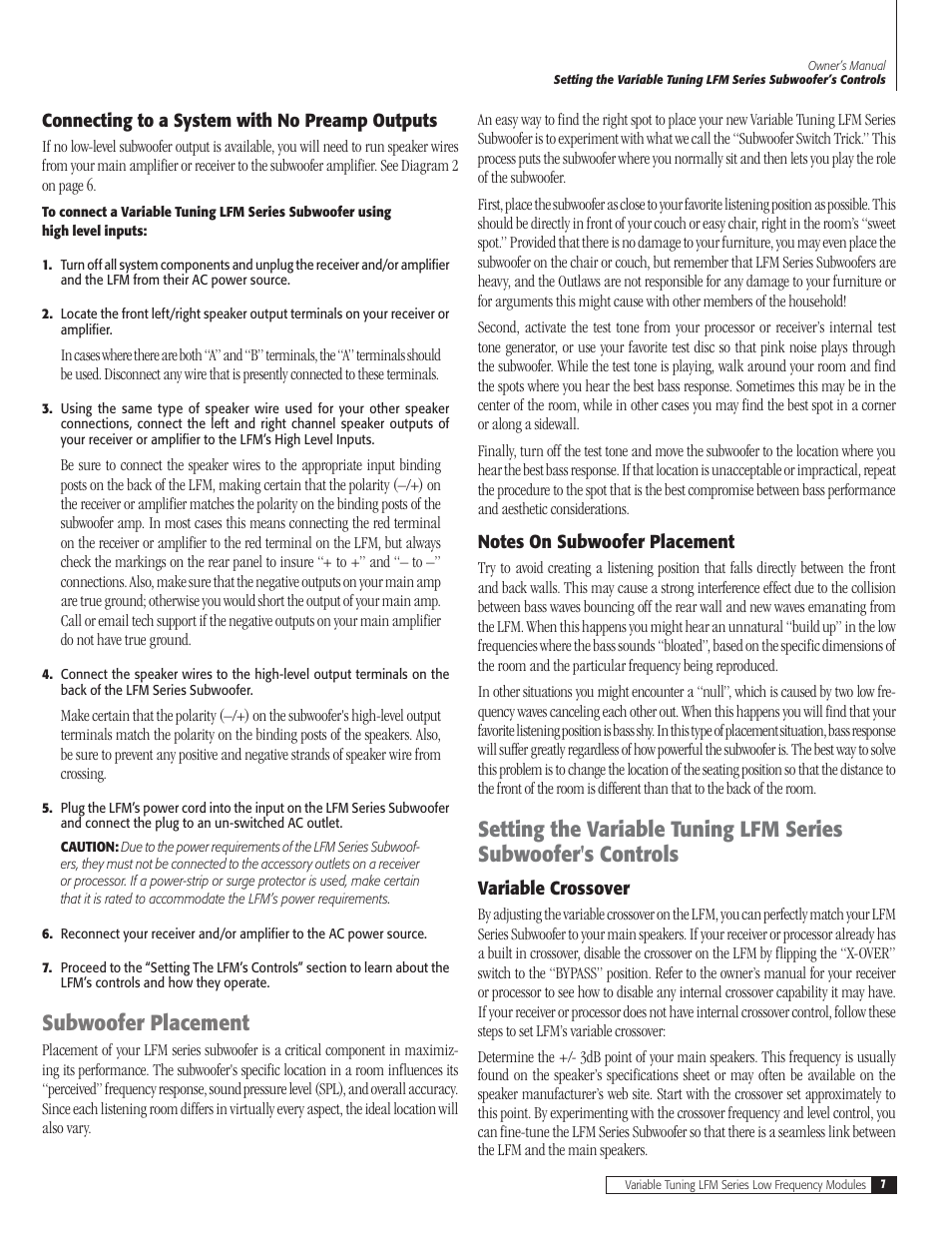 Subwoofer placement | Outlaw Audio LFM-1Plus User Manual | Page 7 / 12