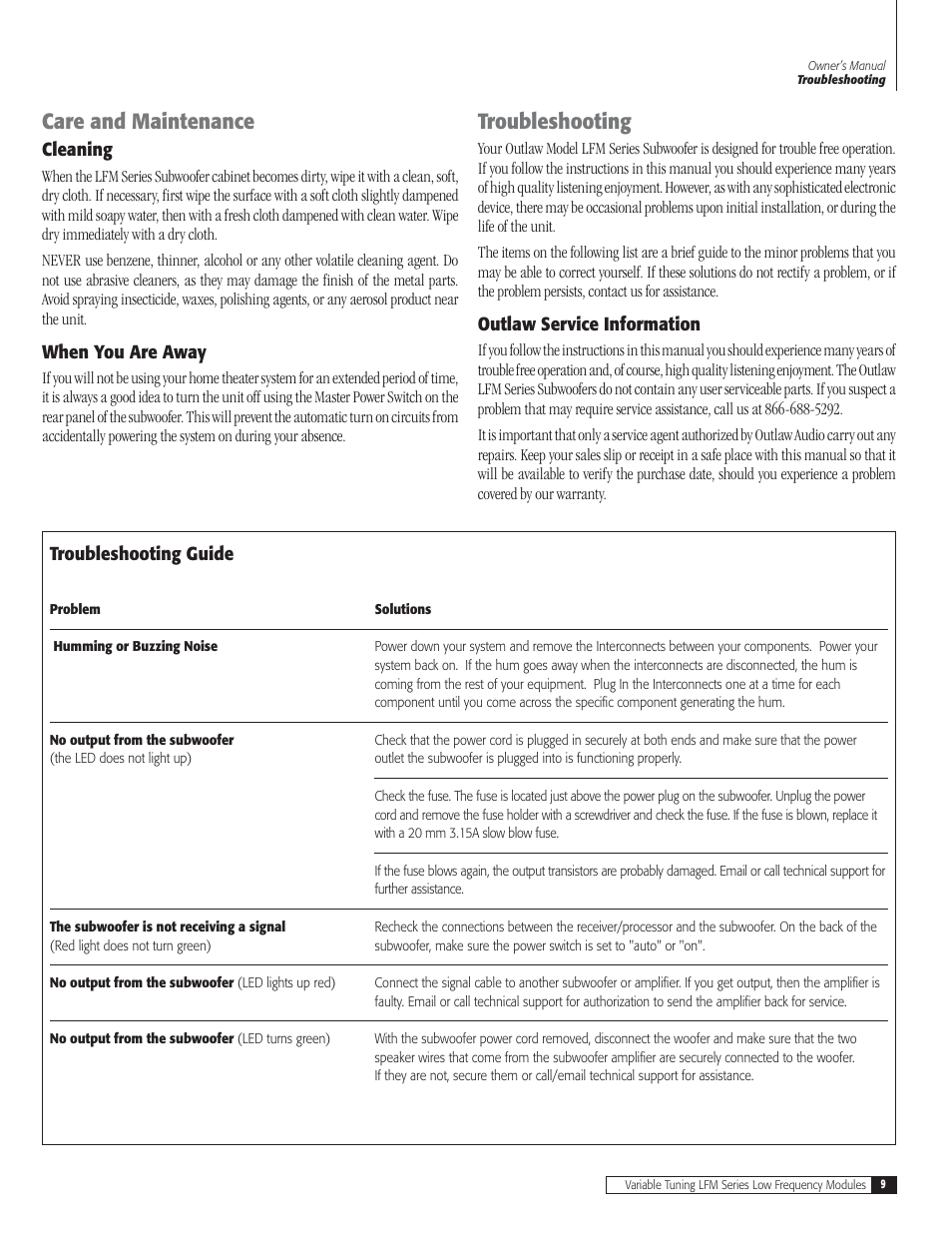 Care and maintenance, Troubleshooting | Outlaw Audio LFM-1Plus User Manual | Page 9 / 12