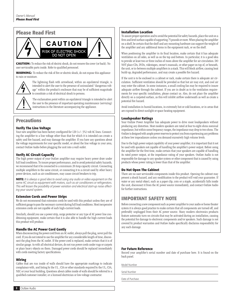 Please read first, Precautions | Outlaw Audio 7075 User Manual | Page 2 / 12