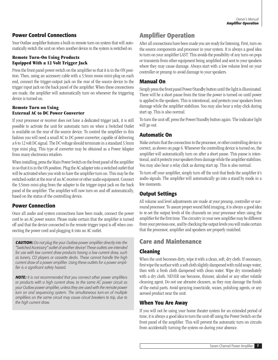 Amplifier operation, Care and maintenance | Outlaw Audio 7075 User Manual | Page 7 / 12