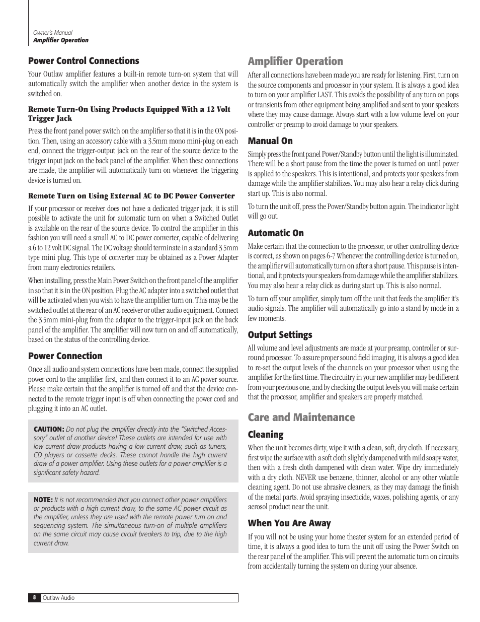 Amplifier operation, Care and maintenance | Outlaw Audio 7700 User Manual | Page 8 / 12