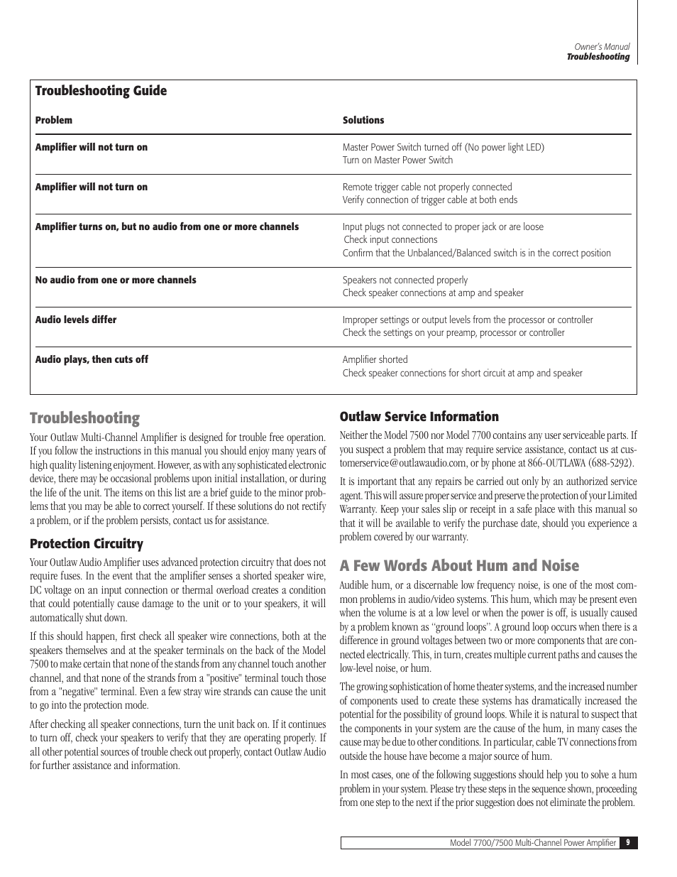 Troubleshooting, A few words about hum and noise | Outlaw Audio 7700 User Manual | Page 9 / 12