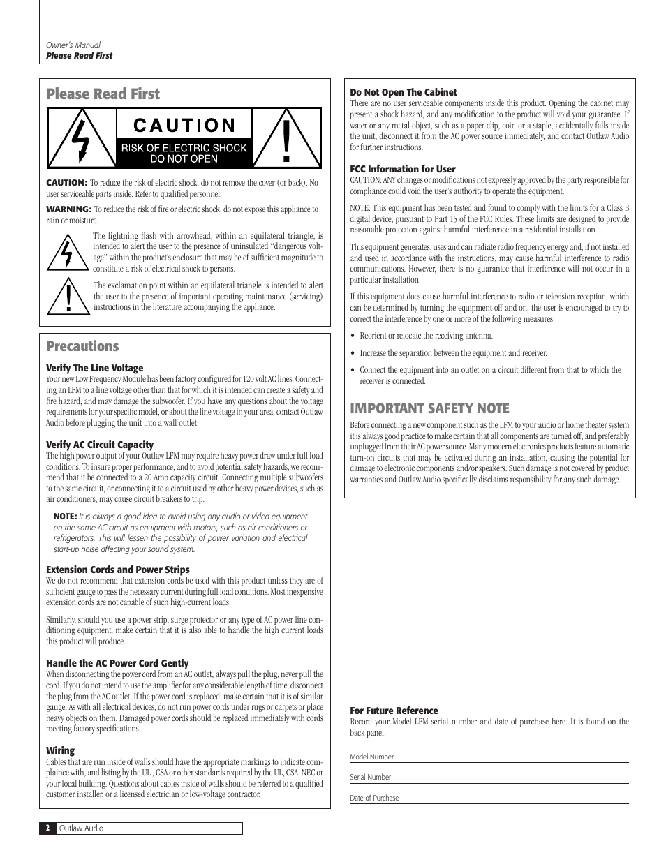 Please read first, Precautions | Outlaw Audio LFM-2 User Manual | Page 2 / 12