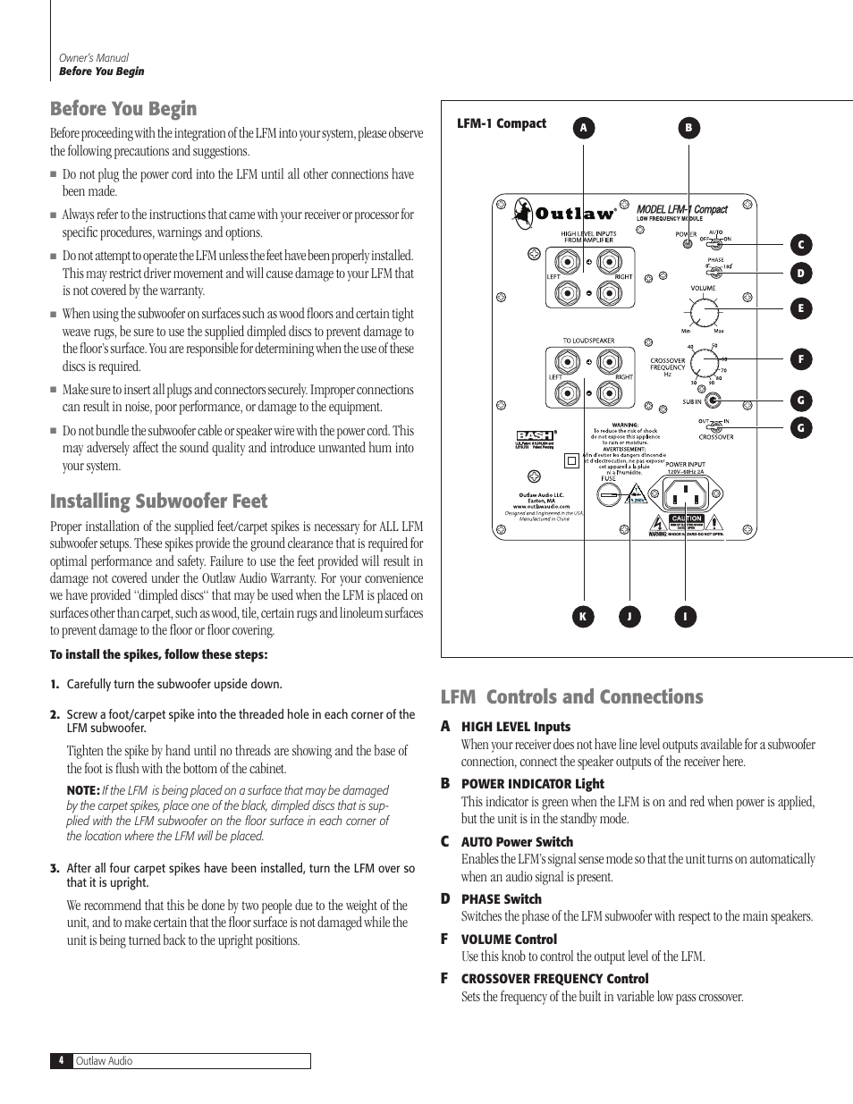 Before you begin, Installing subwoofer feet, Lfm controls and connections | Outlaw Audio LFM-2 User Manual | Page 4 / 12