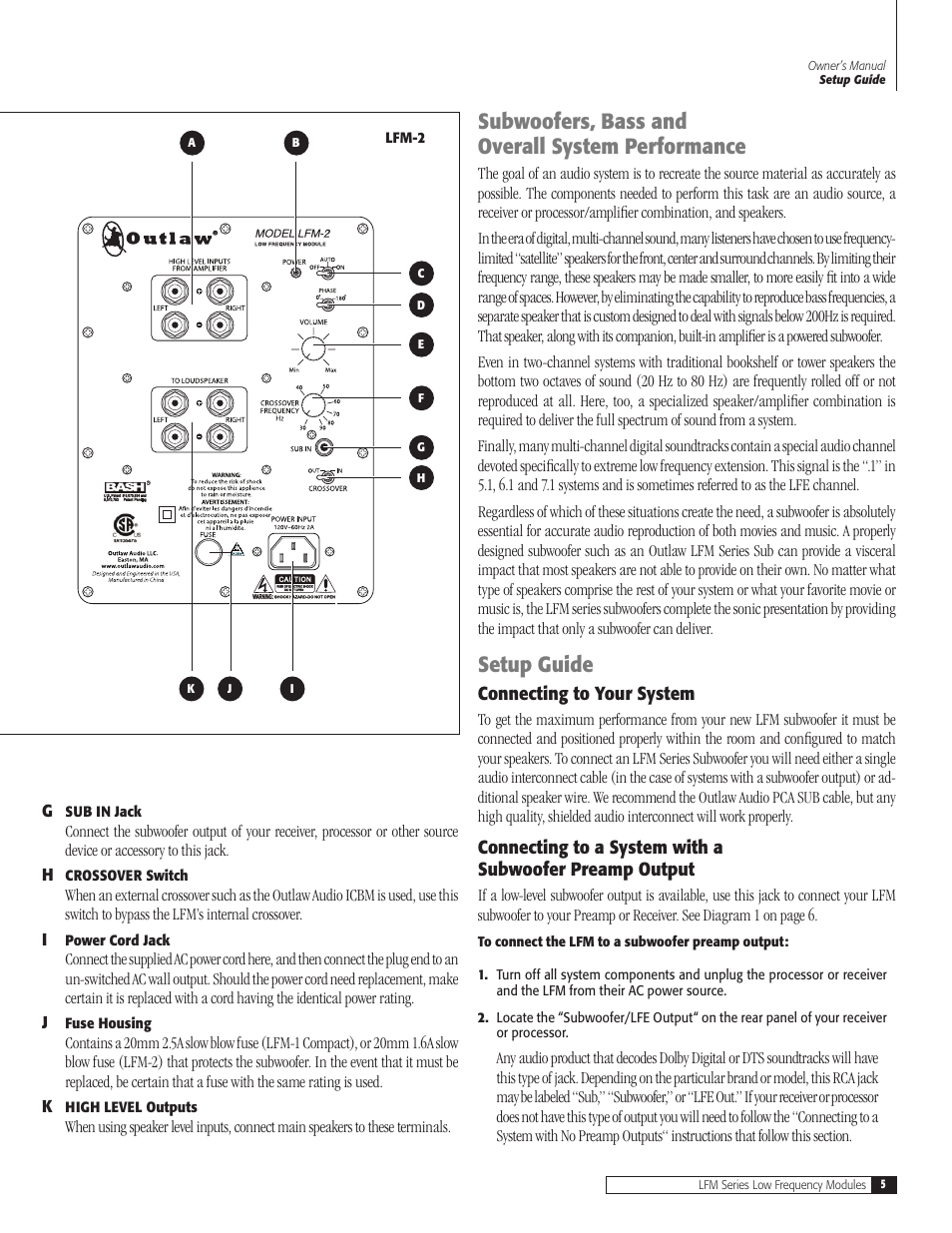 Subwoofers, bass and overall system performance, Setup guide | Outlaw Audio LFM-2 User Manual | Page 5 / 12