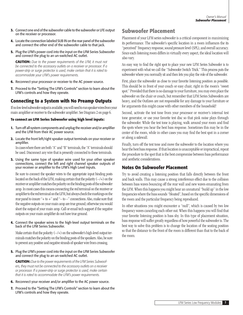 Subwoofer placement | Outlaw Audio LFM-2 User Manual | Page 7 / 12