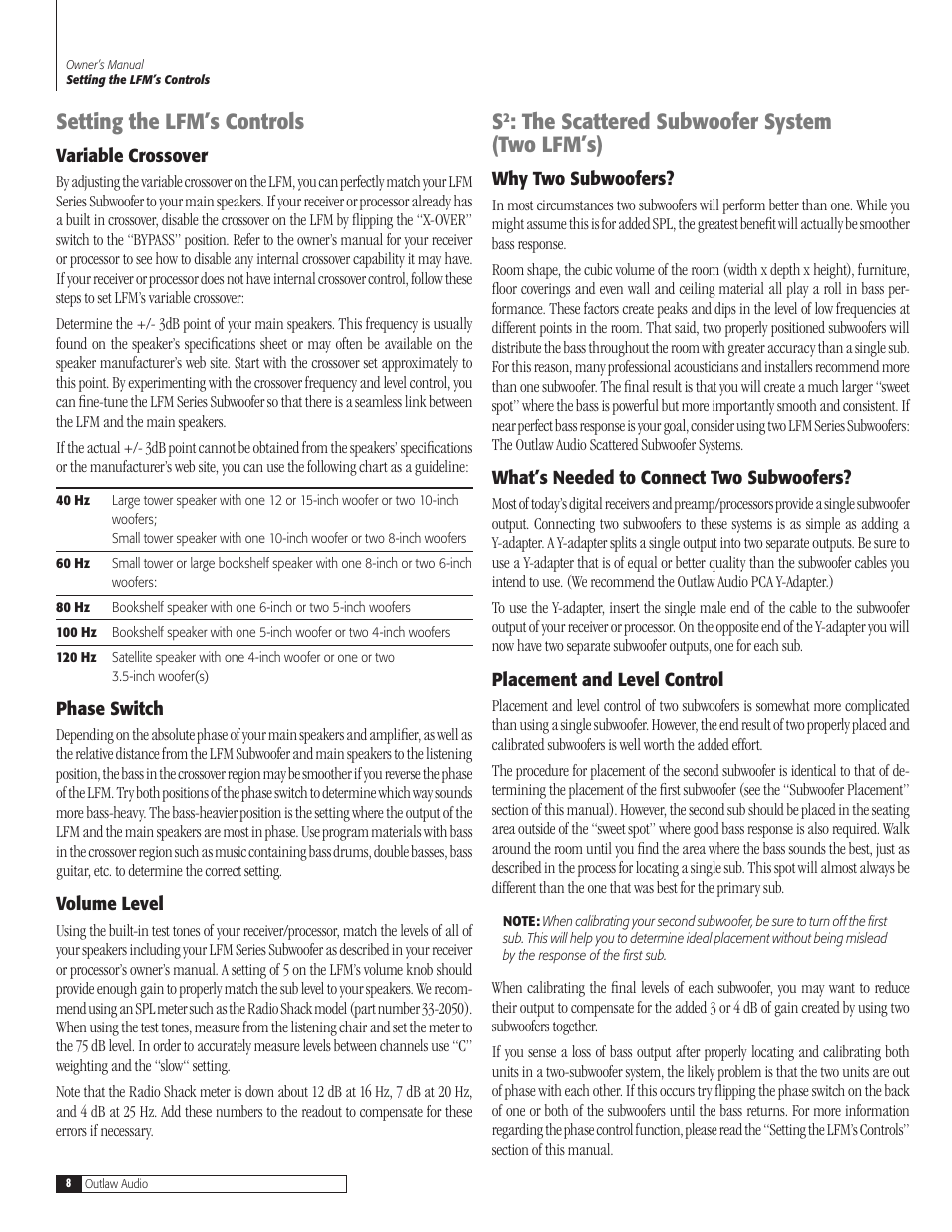 Setting the lfm’s controls, The scattered subwoofer system (two lfm’s) | Outlaw Audio LFM-2 User Manual | Page 8 / 12