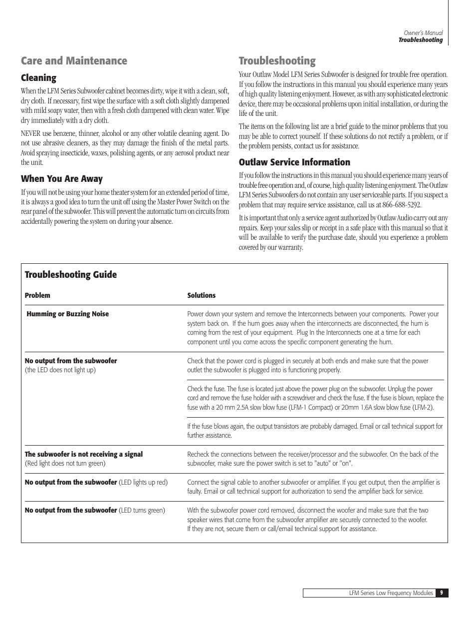 Care and maintenance, Troubleshooting | Outlaw Audio LFM-2 User Manual | Page 9 / 12