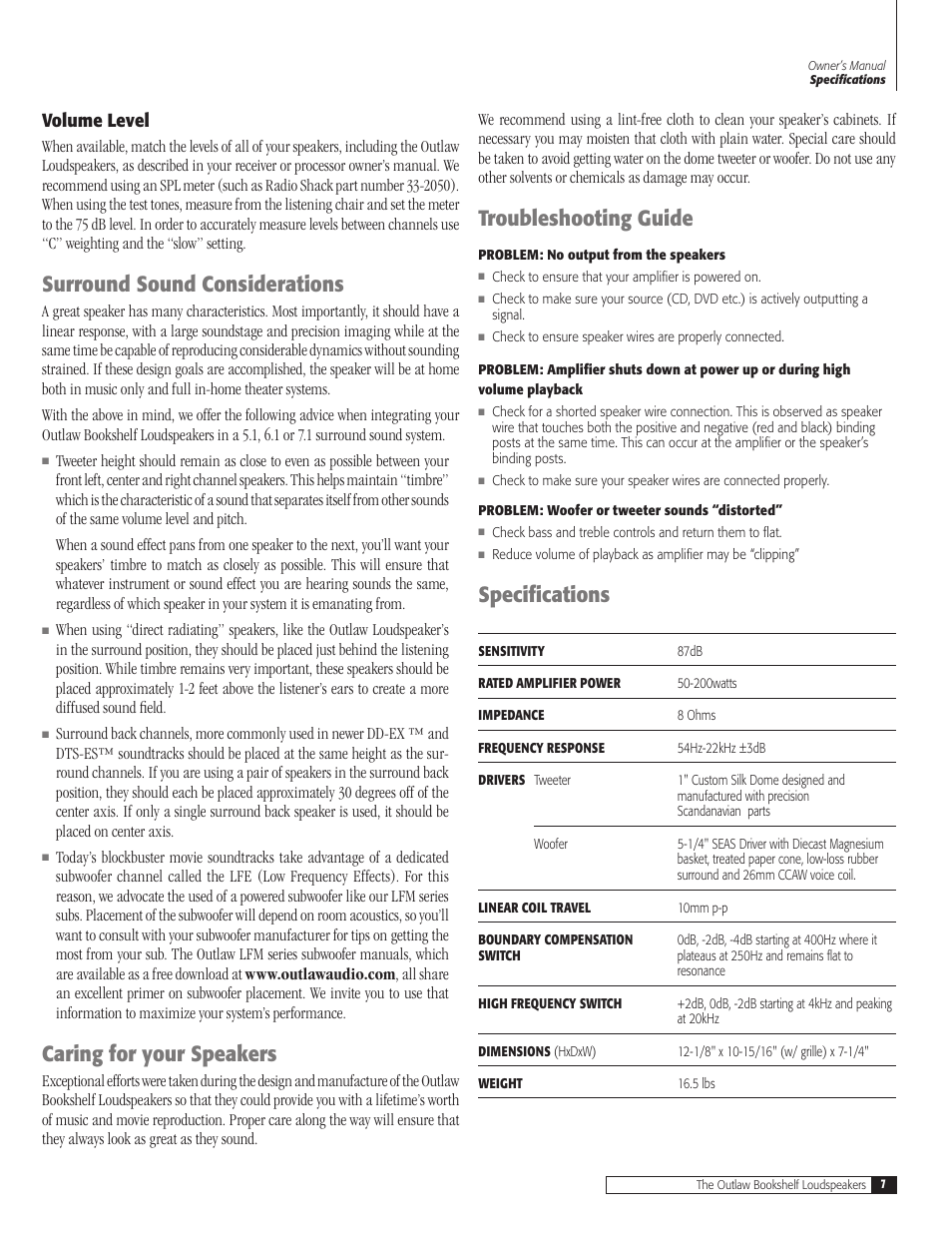 Surround sound considerations, Caring for your speakers, Troubleshooting guide | Specifications, Volume level | Outlaw Audio BLS-B(C) User Manual | Page 7 / 8