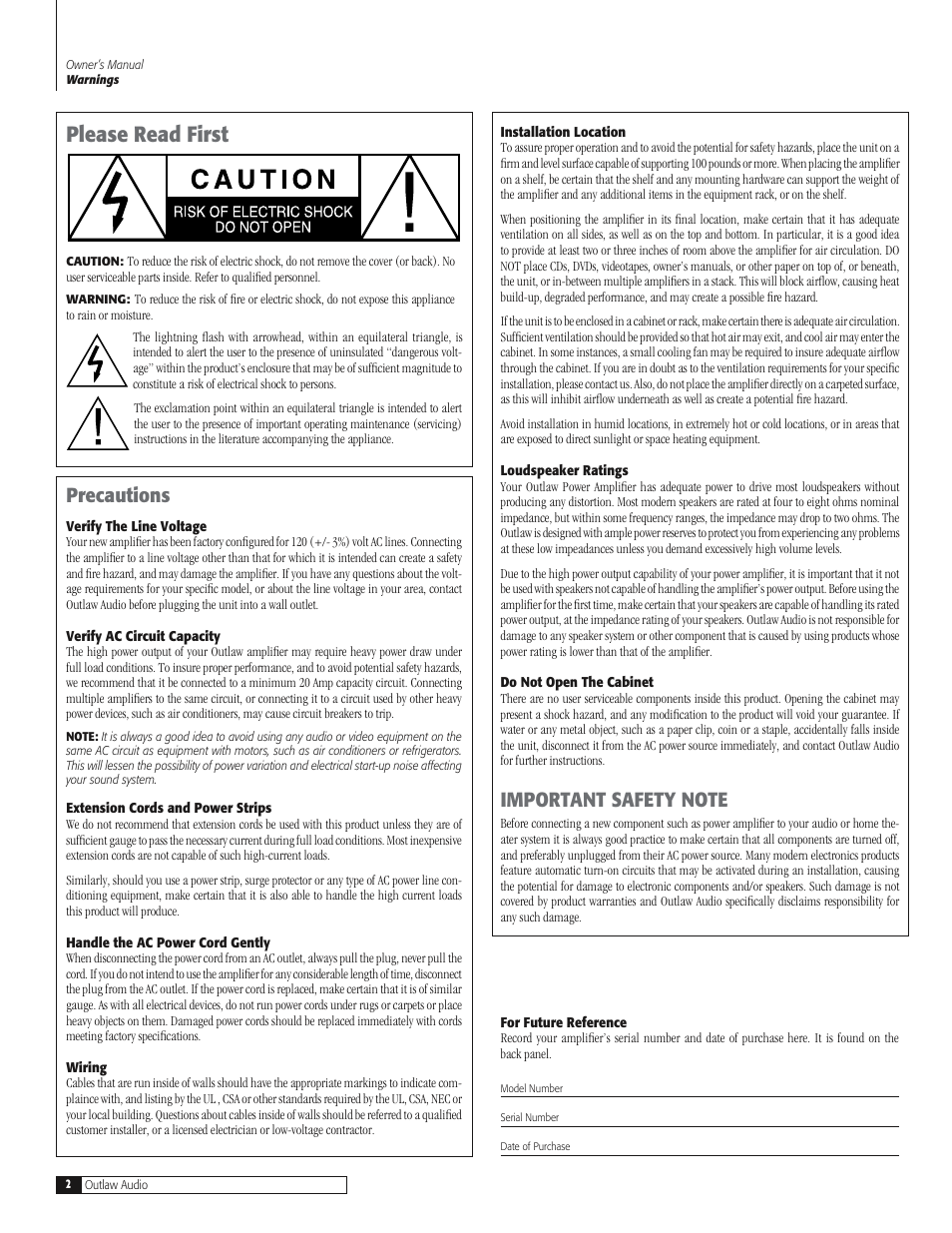 Please read first, Precautions | Outlaw Audio 770 User Manual | Page 2 / 12