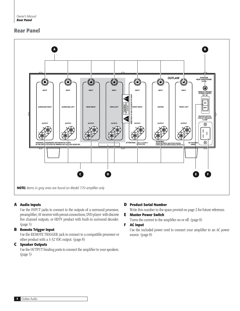 Rear panel, Audio inputs, Remote trigger input | Speaker outputs, Product serial number, Master power switch, Ac input | Outlaw Audio 770 User Manual | Page 4 / 12