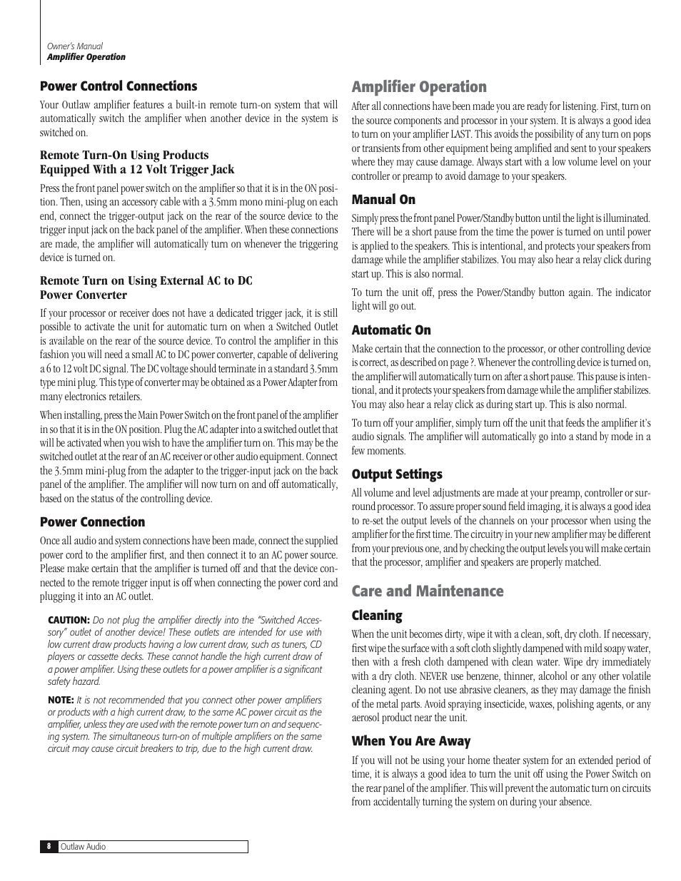 Amplifier operation, Care and maintenance | Outlaw Audio 770 User Manual | Page 8 / 12