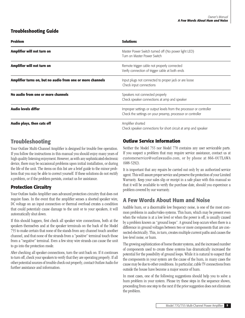 Troubleshooting, A few words about hum and noise | Outlaw Audio 770 User Manual | Page 9 / 12